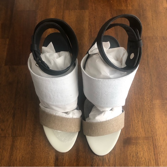 DAMAGED: NIB $425 VINCE Kyra Wedge Sandal in Black/White/Natural in size 6.5! - Picture 4 of 11